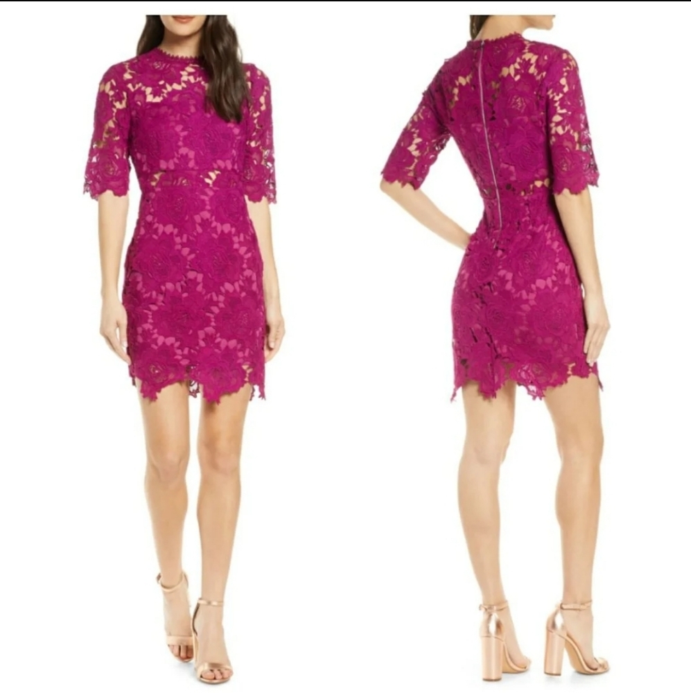 LULU’s A Fine Romance Lace Sheath Dress (Magenta)